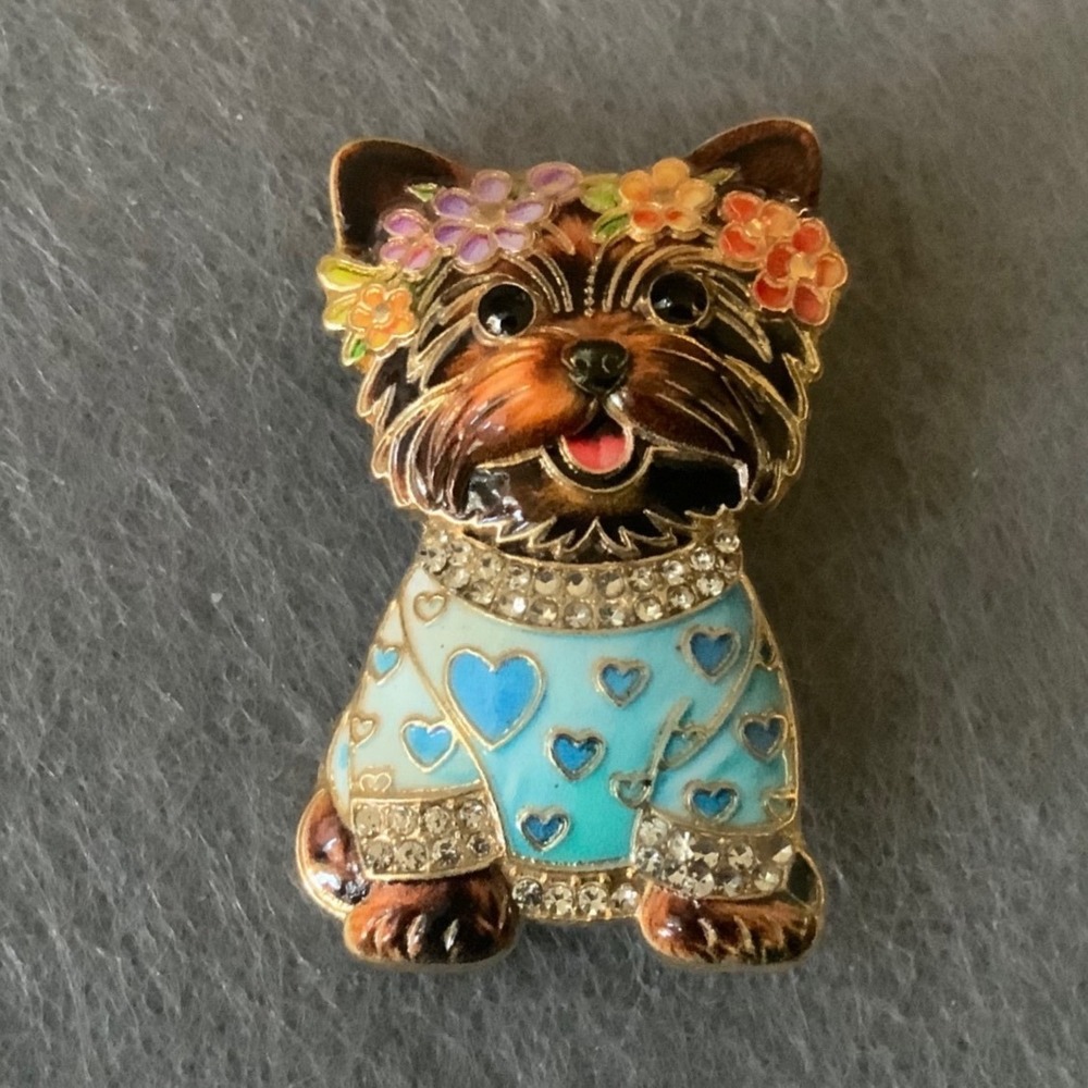 Vintage Yorkie Dog Brooch Enamel Rhinestone Floral Crown Heart Pin